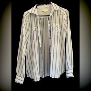 Loft long sleeve button down blouse size Xs baby blue and thin white striped